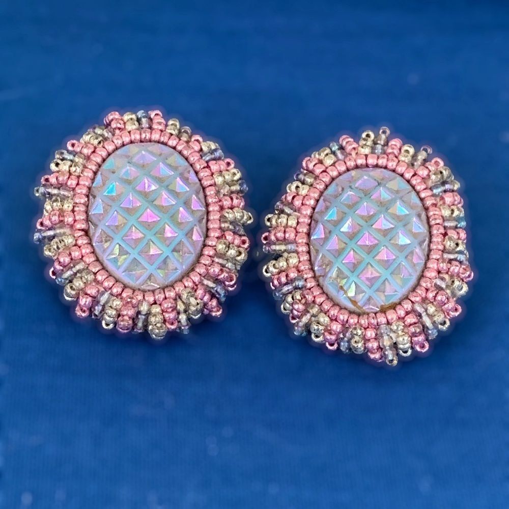 Iridescent glass cab blue lavender earrings surround of iridescent glass beads